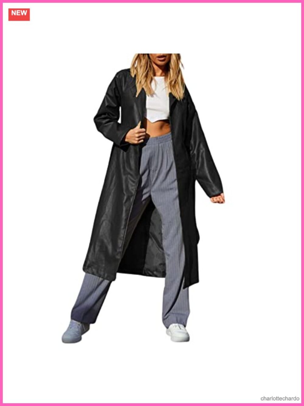 PU Faux Leather Long Trench Coat with Belt Open Front